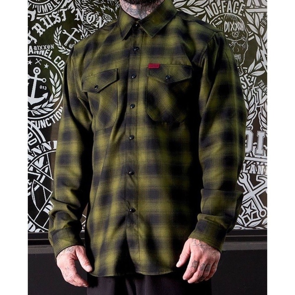 Dixxon Flannel Co Lone Wolf Snap Button Plaid Black Green Men's Medium 0018